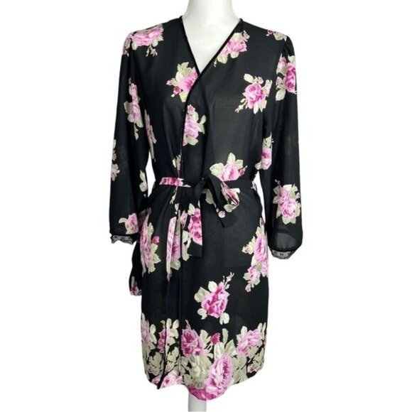 OSCAR DE LA RENTA Vintage Pink Label Black Robe With Roses in Size Large